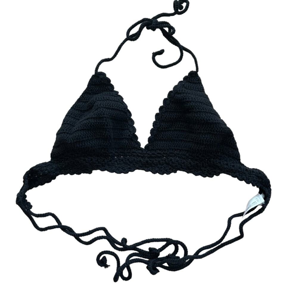 Black Crochet Whimsigoth Hippie Festival Knit Halter Neck Crop Bra Top - Size M